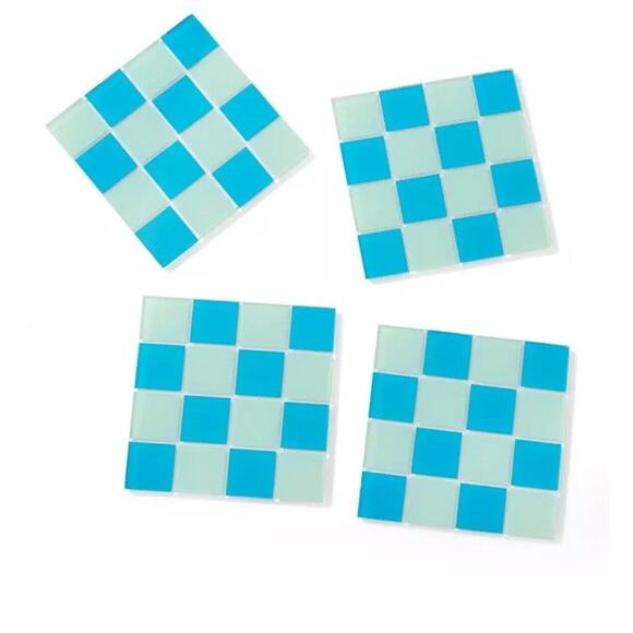 Bullseye’s Playground Square Drink Coasters (4) Count Blue Checkered Mosaic - Picture 1 of 3